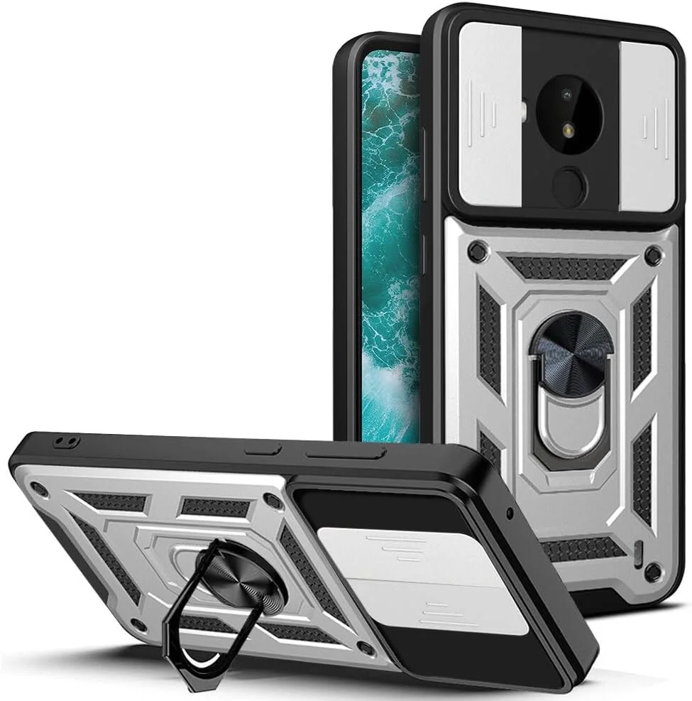 قاب محافظ زرهی مقاوم EabHulie برای نوکیا C30، با پوشش کشویی دوربین و استند انگشتی نقره ای