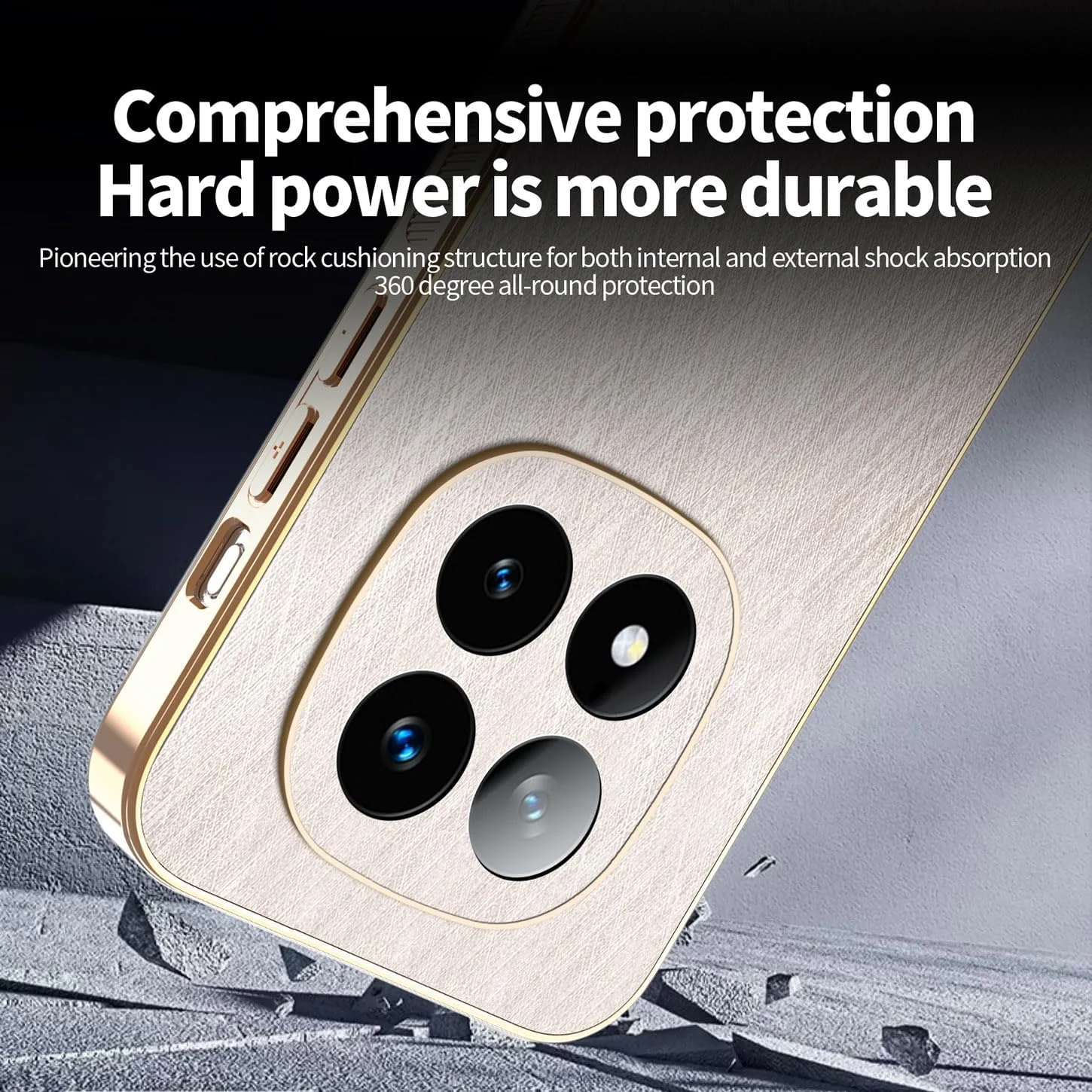 قاب محافظ گوشی شیائومی ردمی نوت ۱۴ پرو پلاس 5G، طراحی فلزی برس خورده شیک، روکش چرمی ممتاز، بامپر سیلیکونی TPU نرم و فوق العاده نازک، ضد ضربه (طلایی)