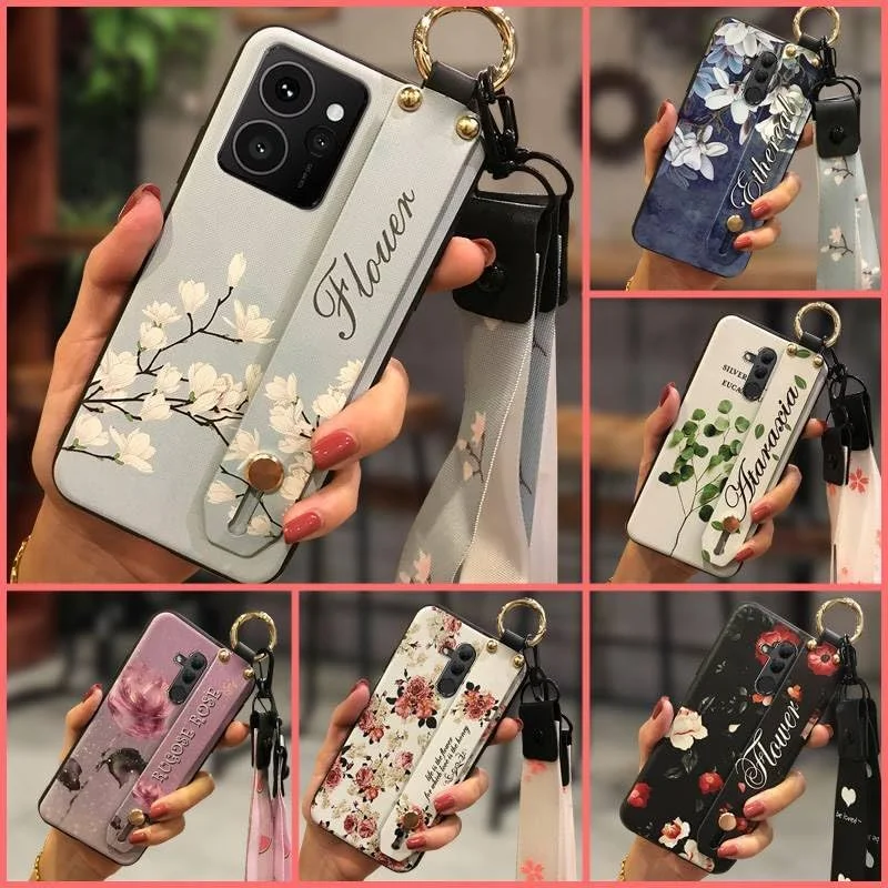 قاب گوشی سازگار با نوکیا HMD Skyline، طراحی گل، پایه نگهدارنده بادوام، ضد ضربه، ضد گرد و غبار، بند مچی، قاب نرم