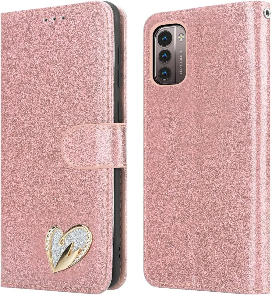 کیف آیپیک برای گوشی نوکیا G21 و گوشی نوکیا G11، کیف چرمی براق، اکلیلی، پایه دار، دارای جای کارت، محافظ گوشی نوکیا G21 (رزگلد)