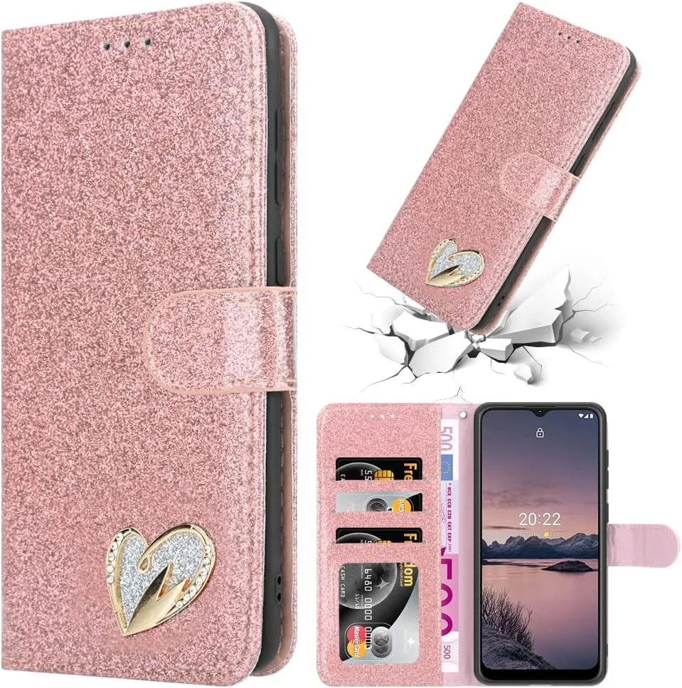 کیف آیپیک برای گوشی نوکیا G21 و گوشی نوکیا G11، کیف چرمی براق، اکلیلی، پایه دار، دارای جای کارت، محافظ گوشی نوکیا G21 (رزگلد)