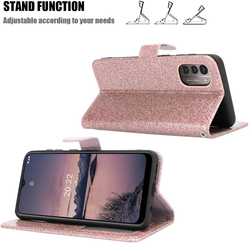 کیف آیپیک برای گوشی نوکیا G21 و گوشی نوکیا G11، کیف چرمی براق، اکلیلی، پایه دار، دارای جای کارت، محافظ گوشی نوکیا G21 (رزگلد)