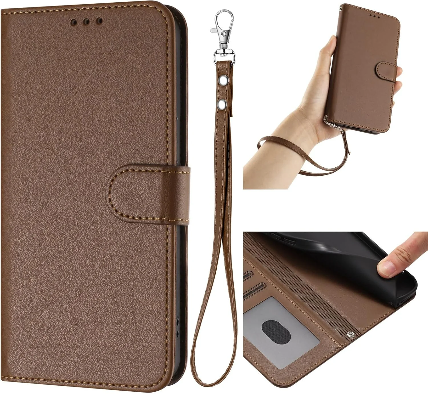 کیف محافظ تاشو سازگار با نوکیا G42 5G و نوکیا G310 5G، دارای بند، جای کارت، کیف پول، قفل مغناطیسی و استند - قهوه ای