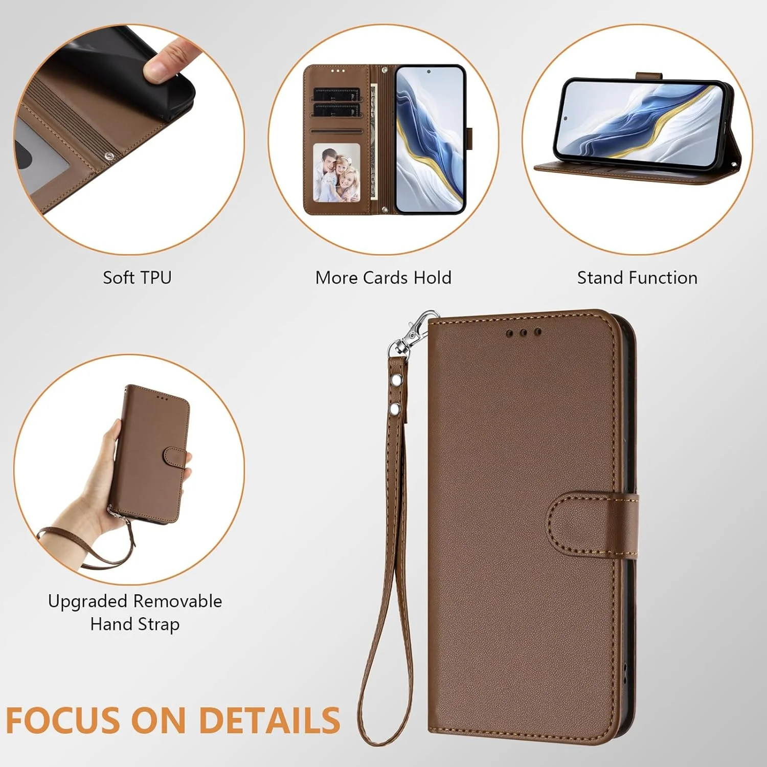 کیف محافظ تاشو سازگار با نوکیا G42 5G و نوکیا G310 5G، دارای بند، جای کارت، کیف پول، قفل مغناطیسی و استند - قهوه ای
