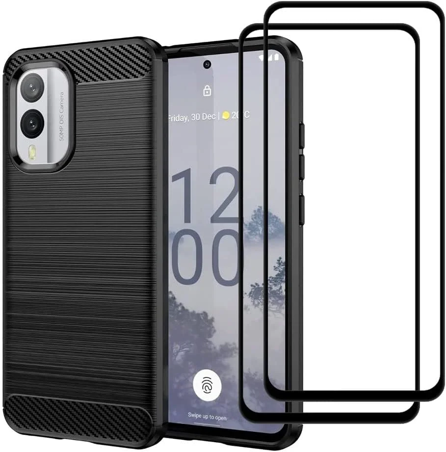 کاور محافظ نوکیا X30 5G به همراه محافظ صفحه نمایش شیشه ای حرارت دیده (2 عدد)، کاور محافظ TPU سبک وزن، مقاوم در برابر ضربه و ضد اثر انگشت برای نوکیا X30 5G (مشکی 1)