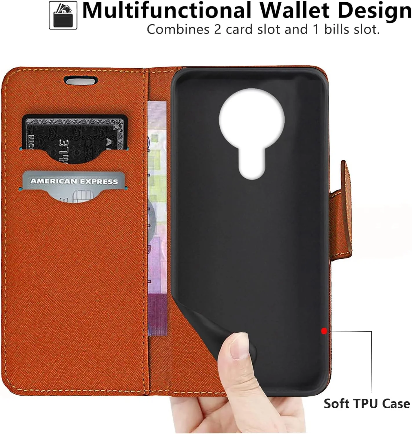 کیف چرمی برای نوکیا 3.4، کیف پول چرمی تاشو با جای کارت مغناطیسی و پایه نگهدارنده