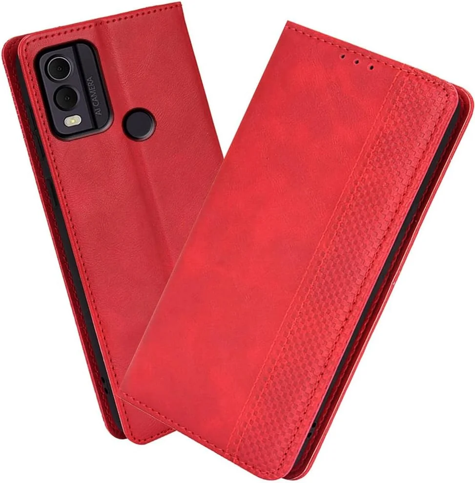 کاور محافظ گوشی XINNI برای نوکیا C22، جلد چرمی تاشو و ضد ضربه با استایل کتابی و آهنربایی، قرمز