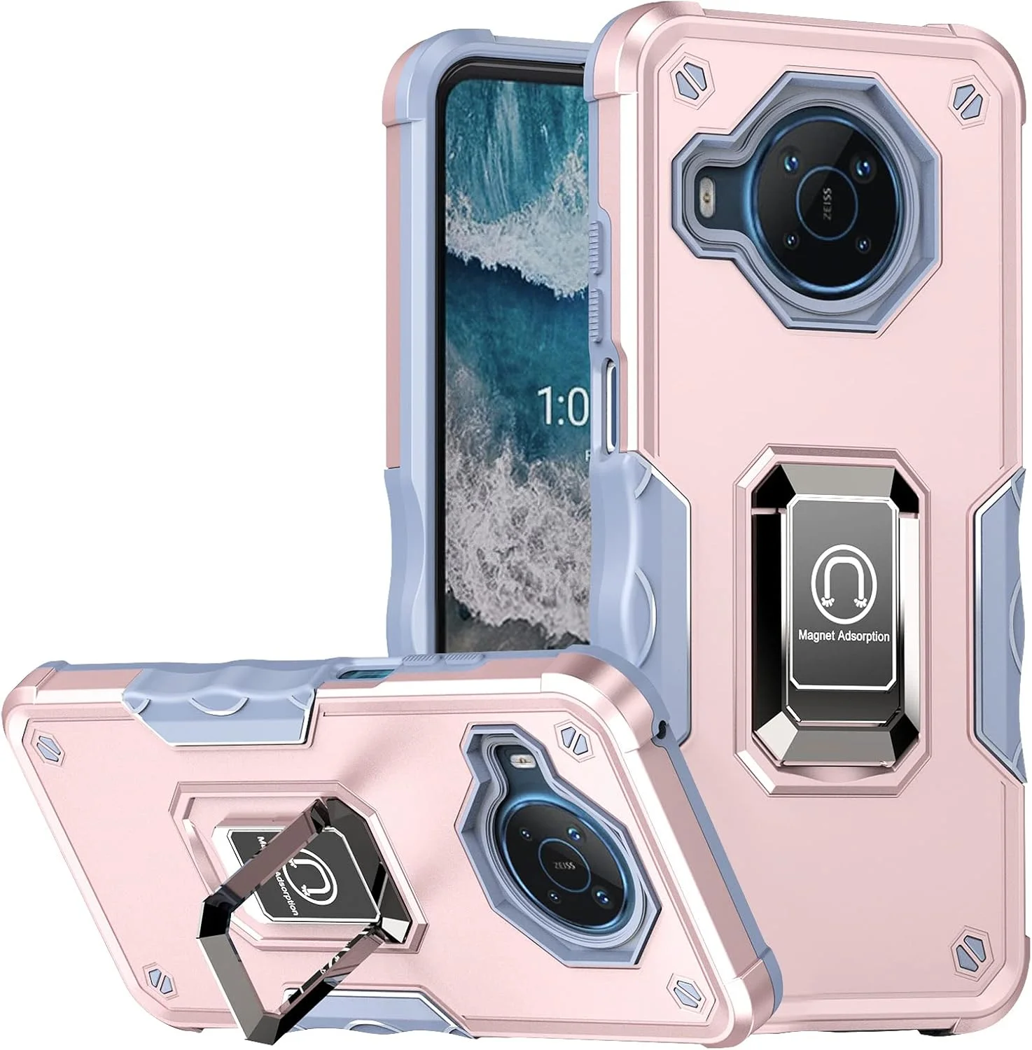 قاب گوشی نوکیا X100 با صفحه نمایش 6.67 اینچی، دارای حلقه فلزی، پایه نگهدارنده مغناطیسی، مقاوم در برابر سقوط، سازگار با هولدر مغناطیسی خودرو، قاب محافظ گوشی برای نوکیا X100 - رزگلد