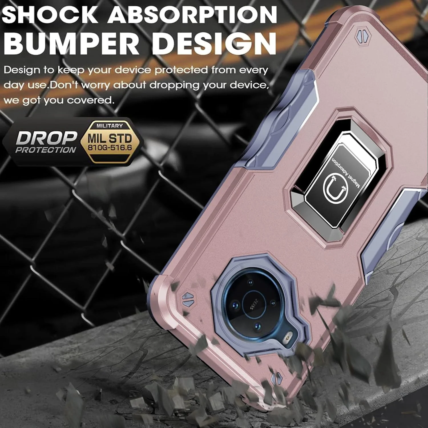 قاب گوشی نوکیا X100 با صفحه نمایش 6.67 اینچی، دارای حلقه فلزی، پایه نگهدارنده مغناطیسی، مقاوم در برابر سقوط، سازگار با هولدر مغناطیسی خودرو، قاب محافظ گوشی برای نوکیا X100 - رزگلد