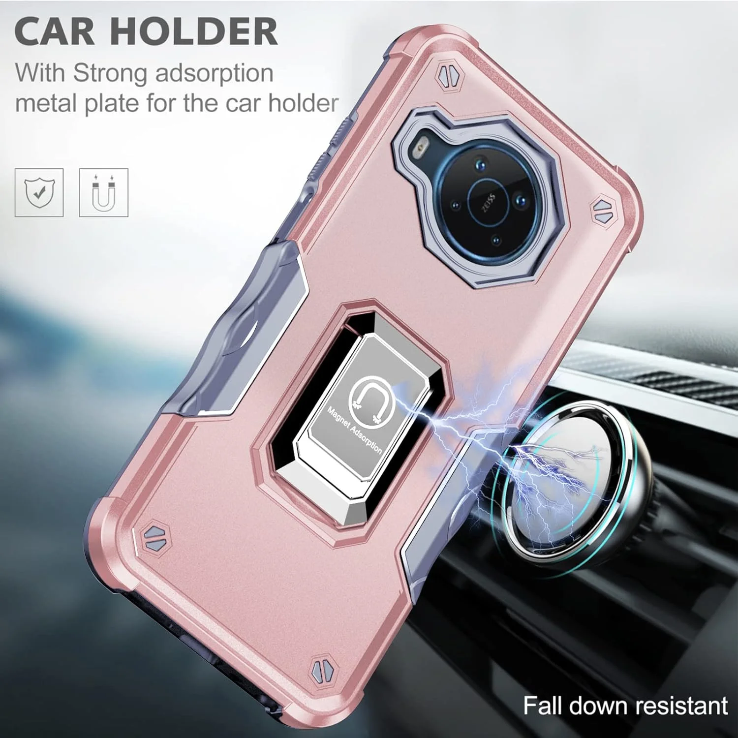 قاب گوشی نوکیا X100 با صفحه نمایش 6.67 اینچی، دارای حلقه فلزی، پایه نگهدارنده مغناطیسی، مقاوم در برابر سقوط، سازگار با هولدر مغناطیسی خودرو، قاب محافظ گوشی برای نوکیا X100 - رزگلد