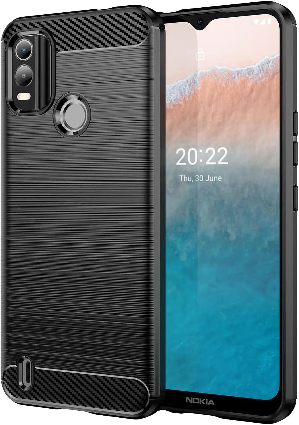 قاب محافظ گوشی نوکیا C21 پلاس، فیبر کربنی ضد خش، ضربه گیر، ساخته شده از TPU نرم و لاستیکی، مناسب برای نوکیا C21 پلاس (2022) سایز 6.52 اینچ - مشکی