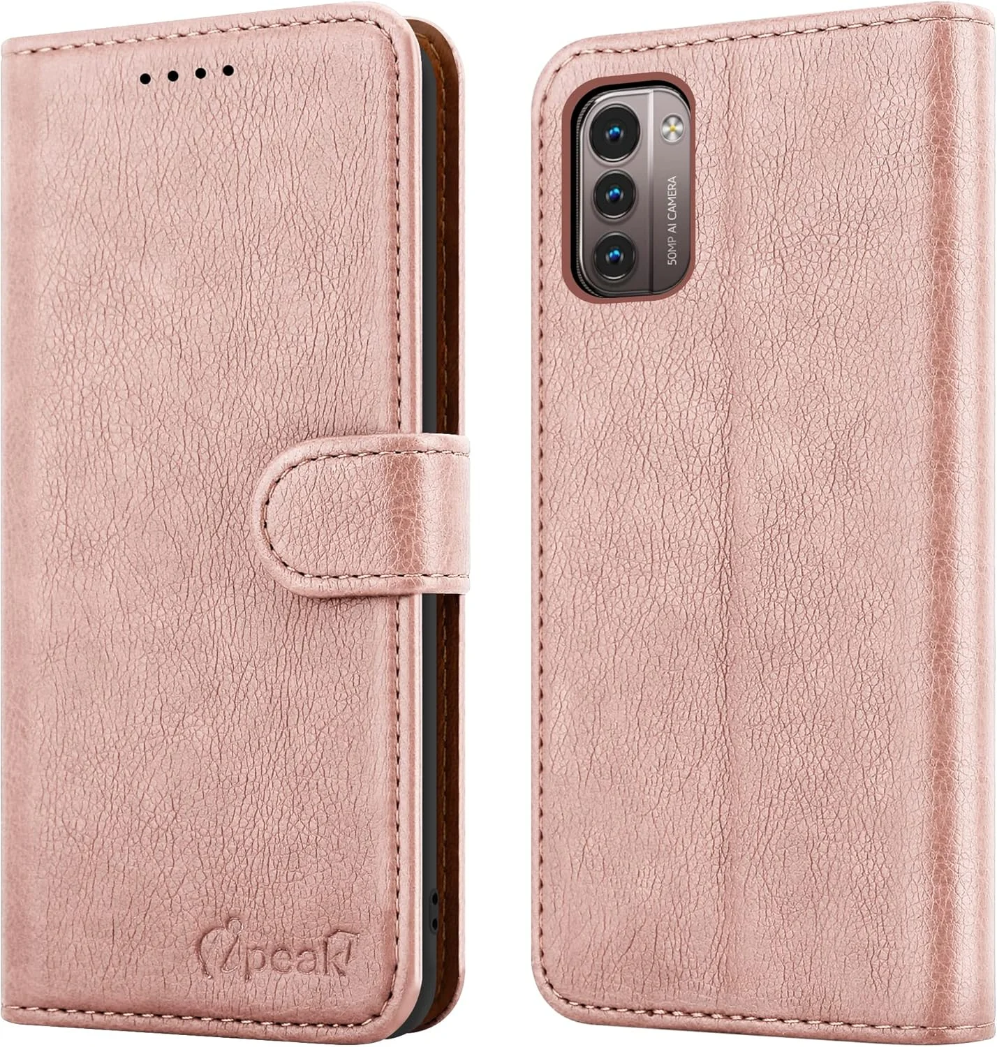 کیف چرمی تاشو محافظ گوشی نوکیا G21 و نوکیا G11 (سایز 6.5 اینچ) با قفل مغناطیسی، استند، جای کارت و محافظت کامل (رزگلد)