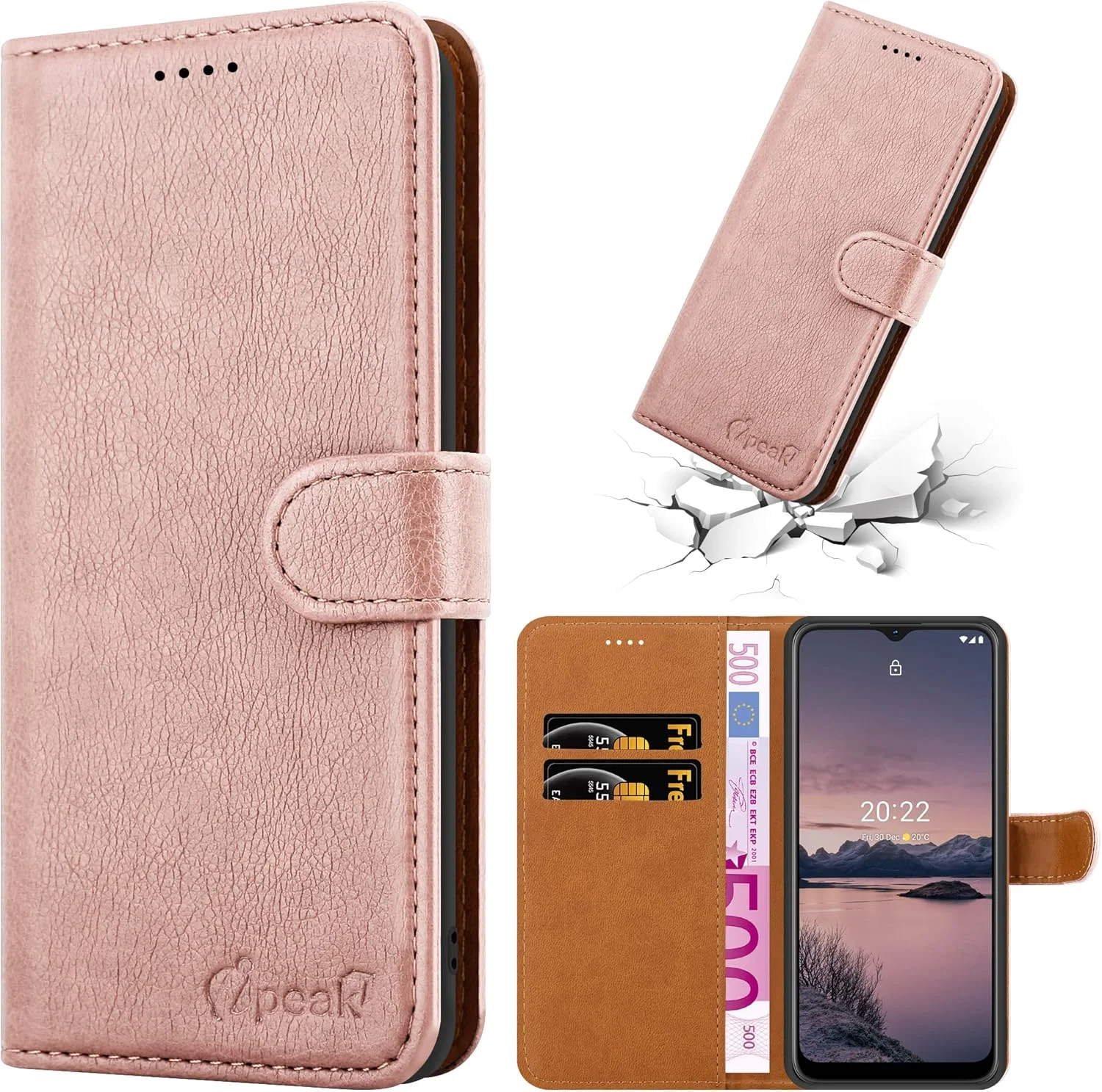 کیف چرمی تاشو محافظ گوشی نوکیا G21 و نوکیا G11 (سایز 6.5 اینچ) با قفل مغناطیسی، استند، جای کارت و محافظت کامل (رزگلد)