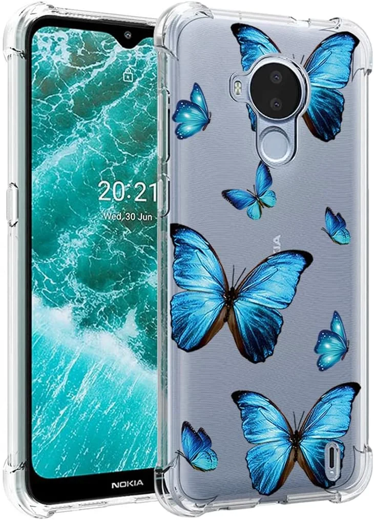 کاور یریبل برای نوکیا C30، مدل TA-1357 TA-1377، کاور زیبا، بامپر انعطاف پذیر TPU، کاور سیلیکونی لاستیکی نرم برای گوشی نوکیا C30 (پروانه آبی)