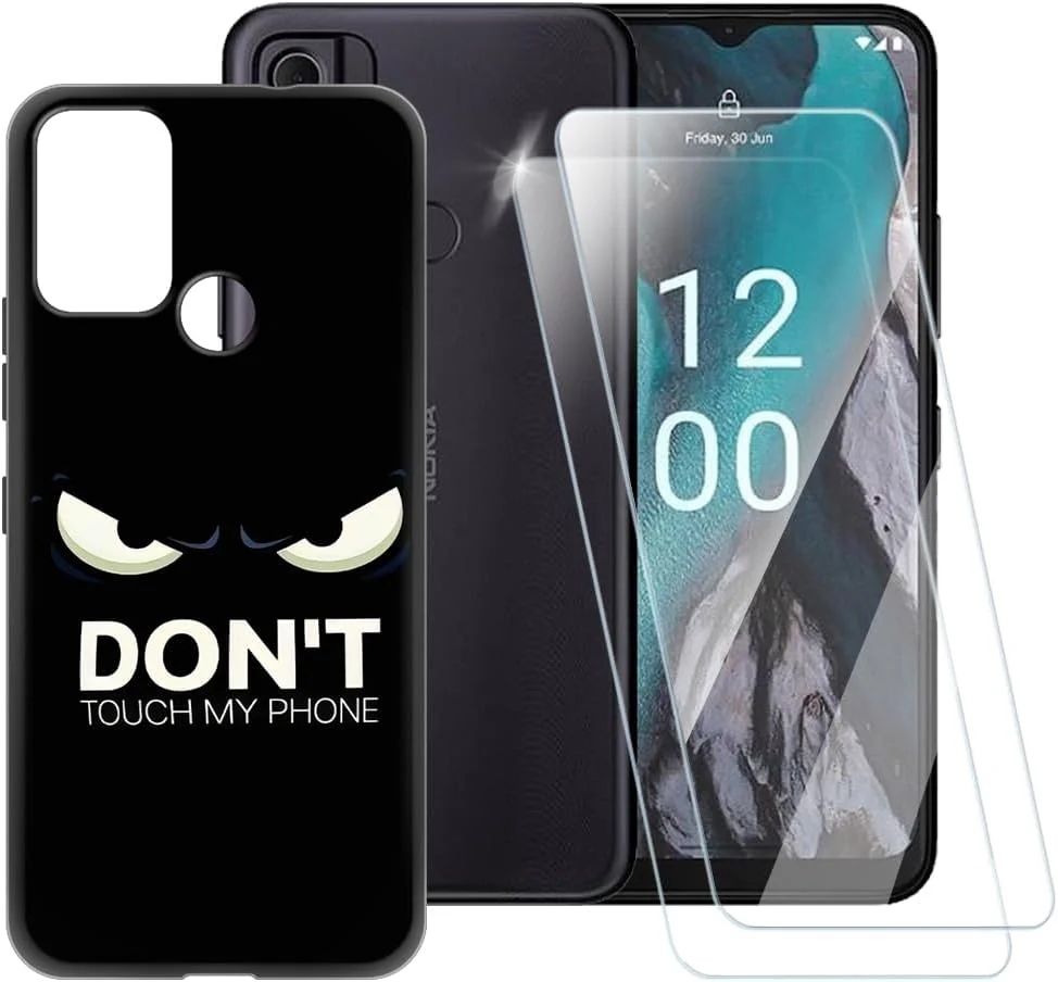 قاب طرح دار "دست نزن" سازگار با نوکیا C22 + [بسته 2 عددی] محافظ صفحه نمایش شیشه ای حرارت دیده، کاور ضد ضربه برای نوکیا C22 (6.5 اینچ)