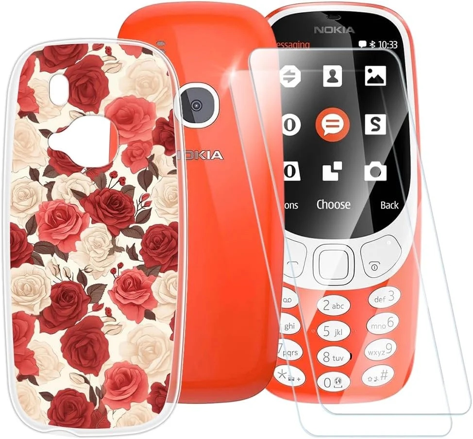 قاب طرح گل رز ESACMOT سازگار با نوکیا 3310 2017 + [2 عدد] محافظ صفحه نمایش شیشه ای حرارت دیده، پوشش قاب ضد ضربه برای نوکیا 3310 2017 (2.4 اینچ)