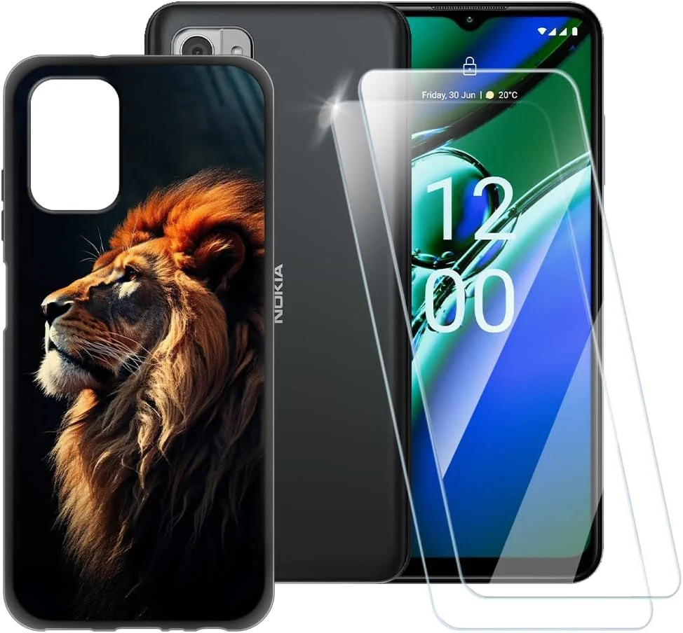 قاب طرح شیر ESACMOT سازگار با نوکیا G42 5G + محافظ صفحه نمایش شیشه ای حرارت دیده [2 عدد]، کاور ضد ضربه برای نوکیا G42 5G (6.52 اینچ)