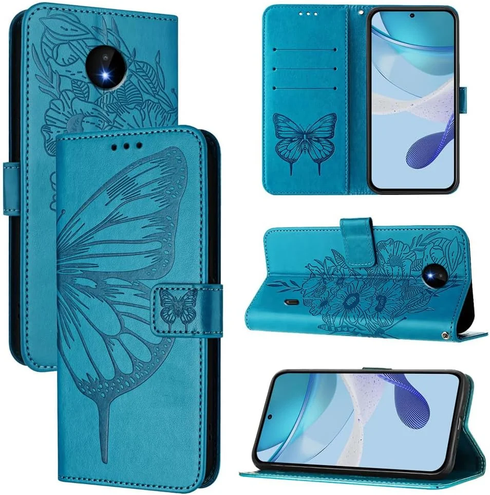 قاب گوشی طرح پروانه برجسته ضد ضربه GBWQPLJV مناسب برای نوکیا C10 C20 C30 C300 مدل NokiaC30 TA-1357، دارای قفل مغناطیسی و جای کارت (آبی، نوکیا C20)