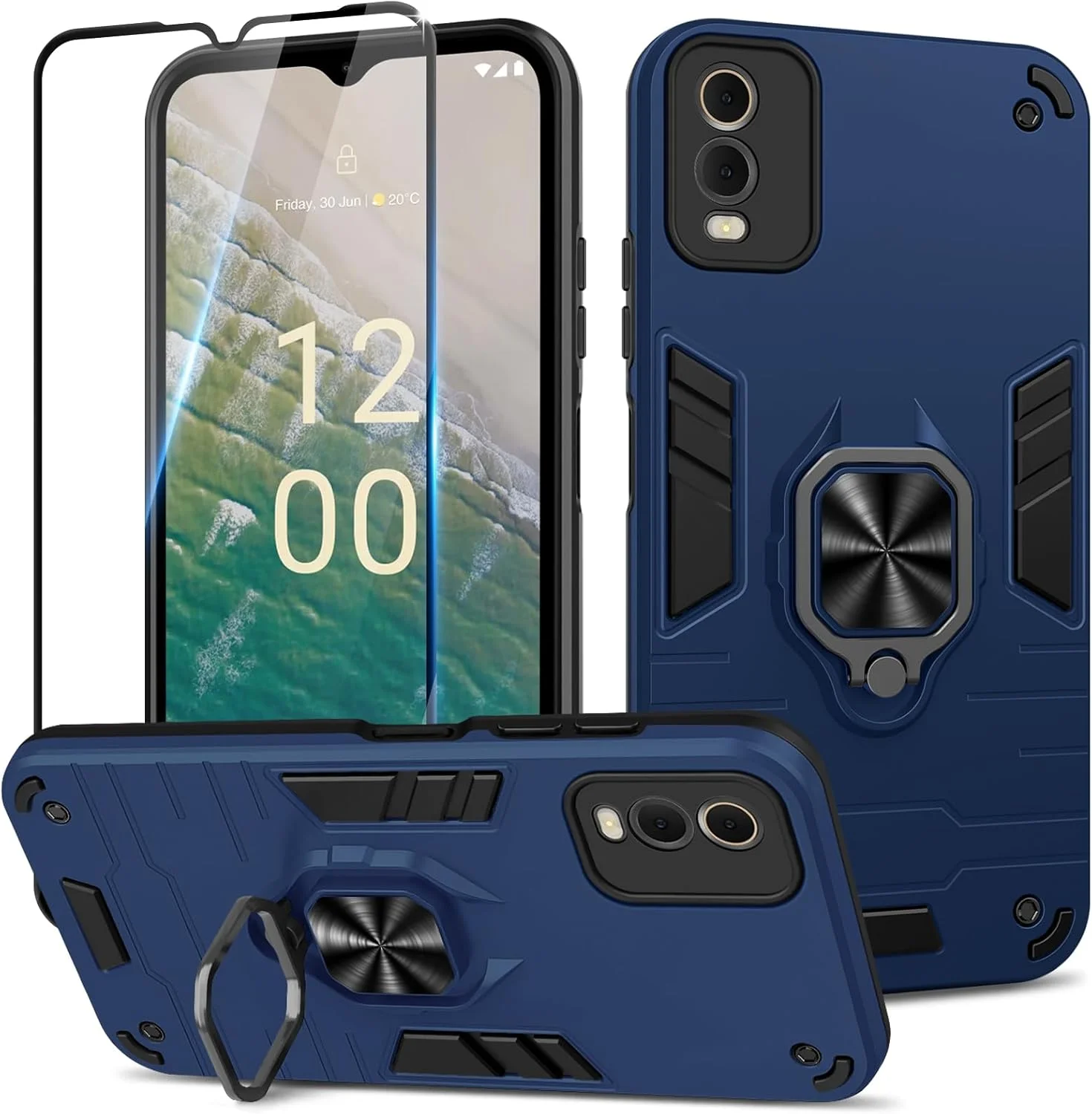 قاب Btstring برای نوکیا C32 و محافظ صفحه نمایش شیشه ای حرارت دیده، قاب گوشی زرهی مقاوم در برابر ضربه، قاب شخصی سازی شده سنگین با پایه، آبی