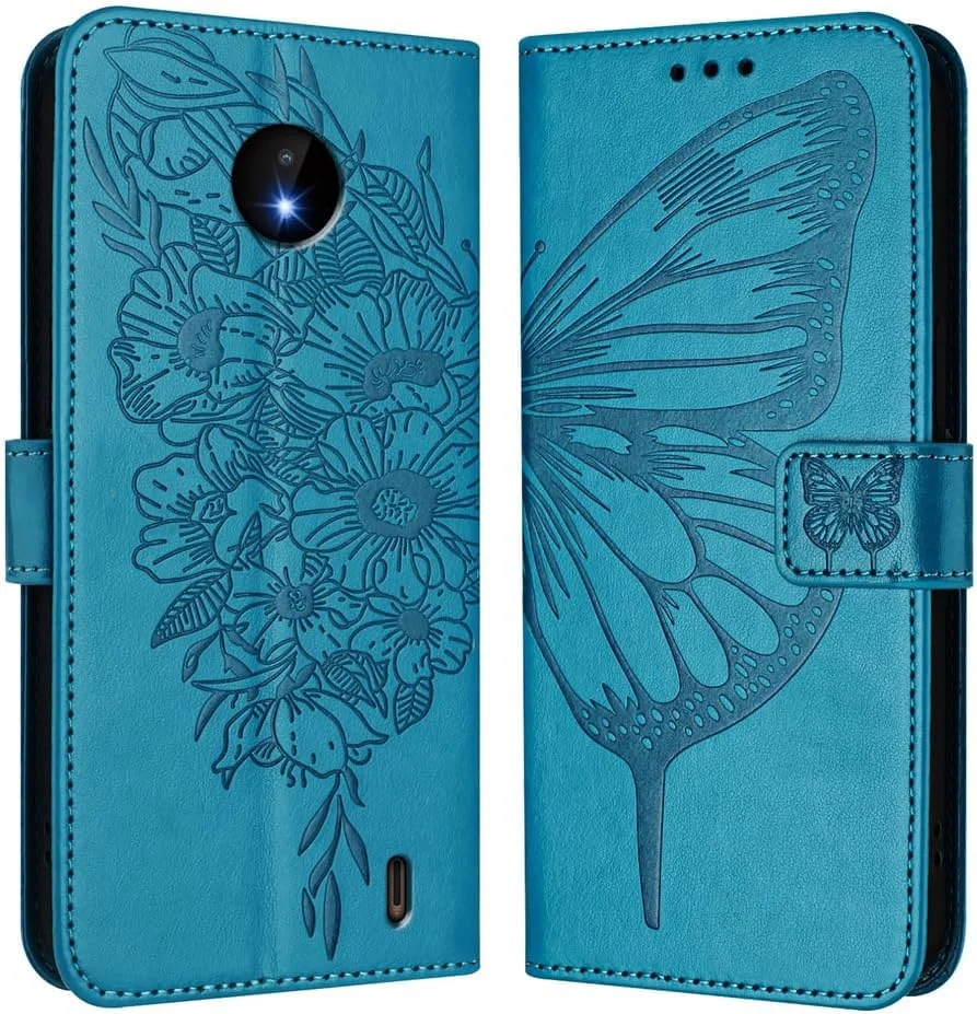 قاب گوشی طرح پروانه برجسته ضد ضربه GBWQPLJV مناسب برای نوکیا C10 C20 C30 C300 مدل NokiaC30 TA-1357، دارای قفل مغناطیسی و جای کارت (آبی، نوکیا C20)