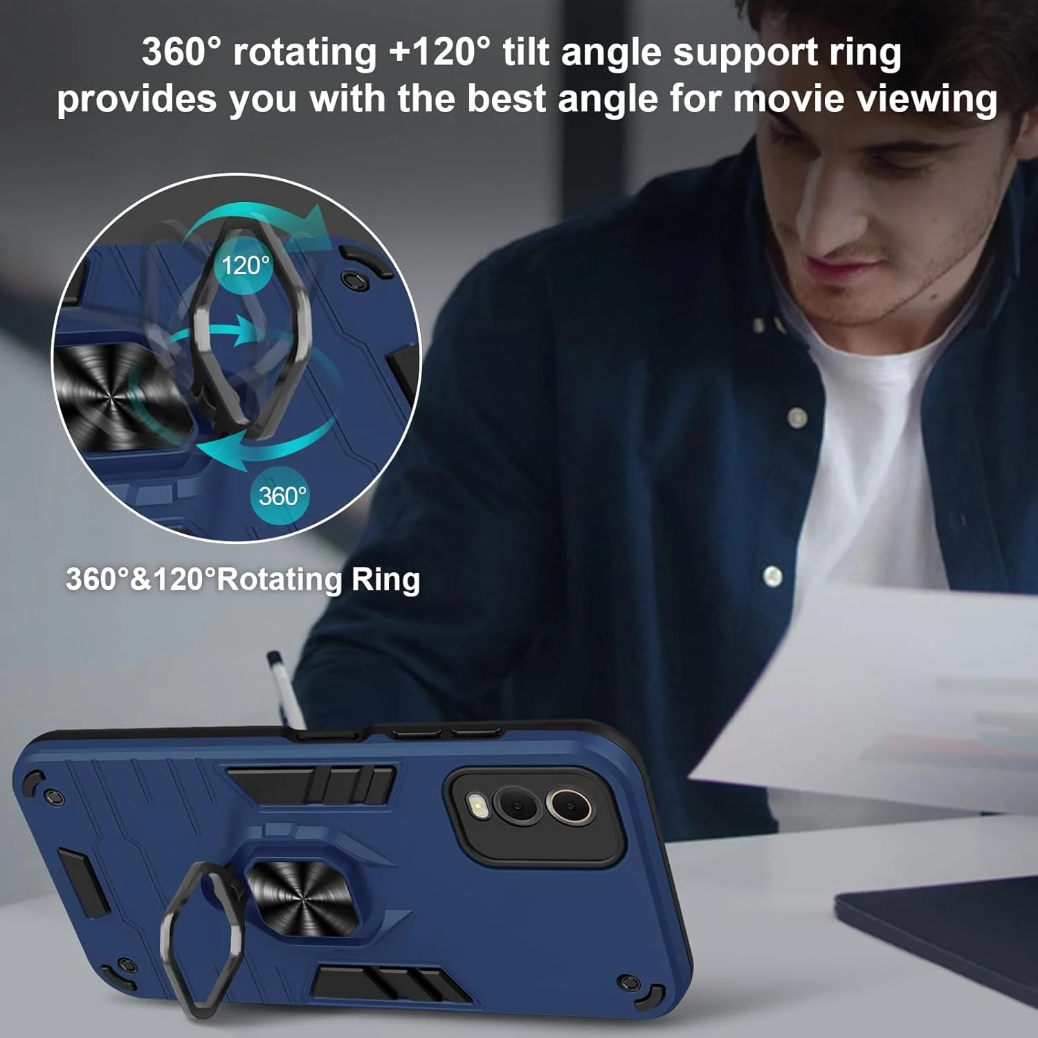 قاب Btstring برای نوکیا C32 و محافظ صفحه نمایش شیشه ای حرارت دیده، قاب گوشی زرهی مقاوم در برابر ضربه، قاب شخصی سازی شده سنگین با پایه، آبی