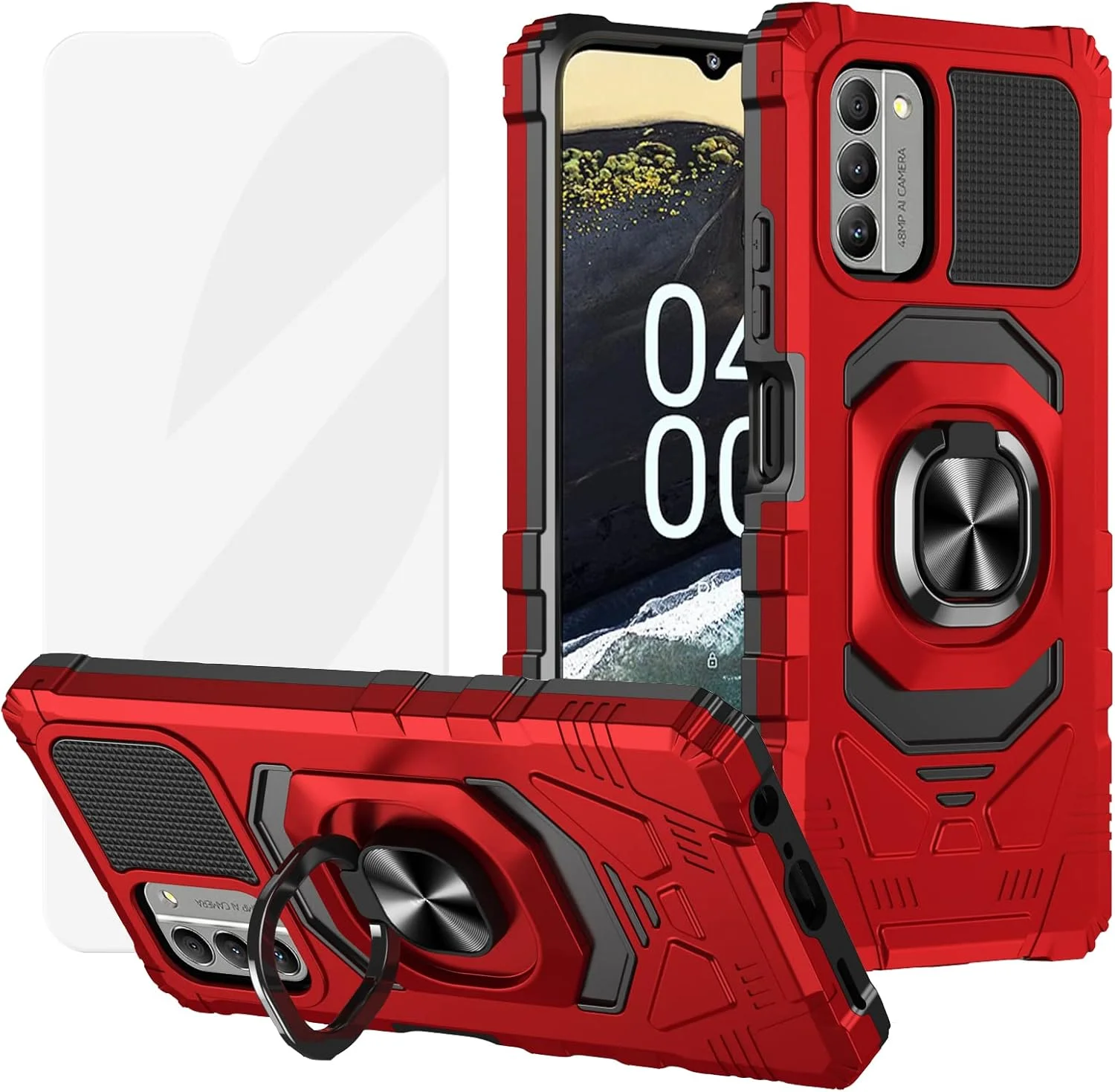 قاب گوشی موبایل آیلیبر مناسب برای نوکیا G400 مدل N1530DL به همراه محافظ صفحه نمایش، استند انگشتی حلقه ای سازگار با هولدر مغناطیسی خودرو، مقاوم در برابر ضربه، پوشش محافظ سنگین برای نوکیا G400 - قرمز