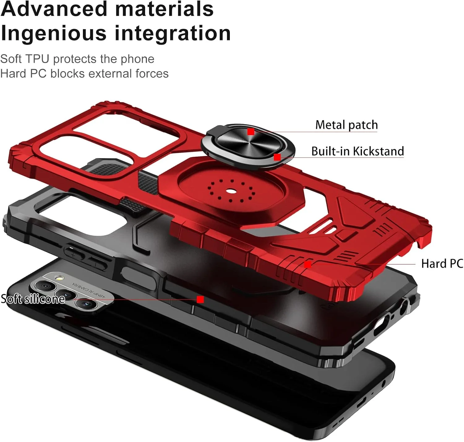 قاب گوشی موبایل آیلیبر مناسب برای نوکیا G400 مدل N1530DL به همراه محافظ صفحه نمایش، استند انگشتی حلقه ای سازگار با هولدر مغناطیسی خودرو، مقاوم در برابر ضربه، پوشش محافظ سنگین برای نوکیا G400 - قرمز