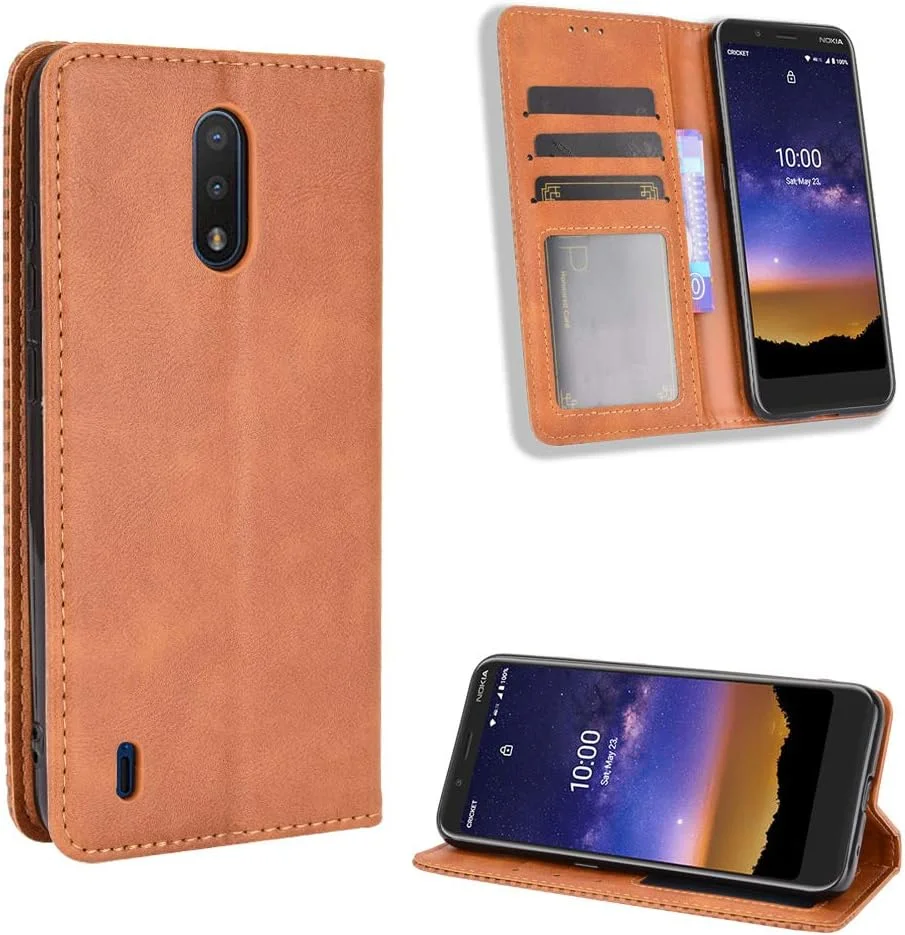 کاور چرمی قهوه ای تاشو با استند و جای کارت سازگار با نوکیا C2 Tava / C2 Tennen با قفل مغناطیسی
