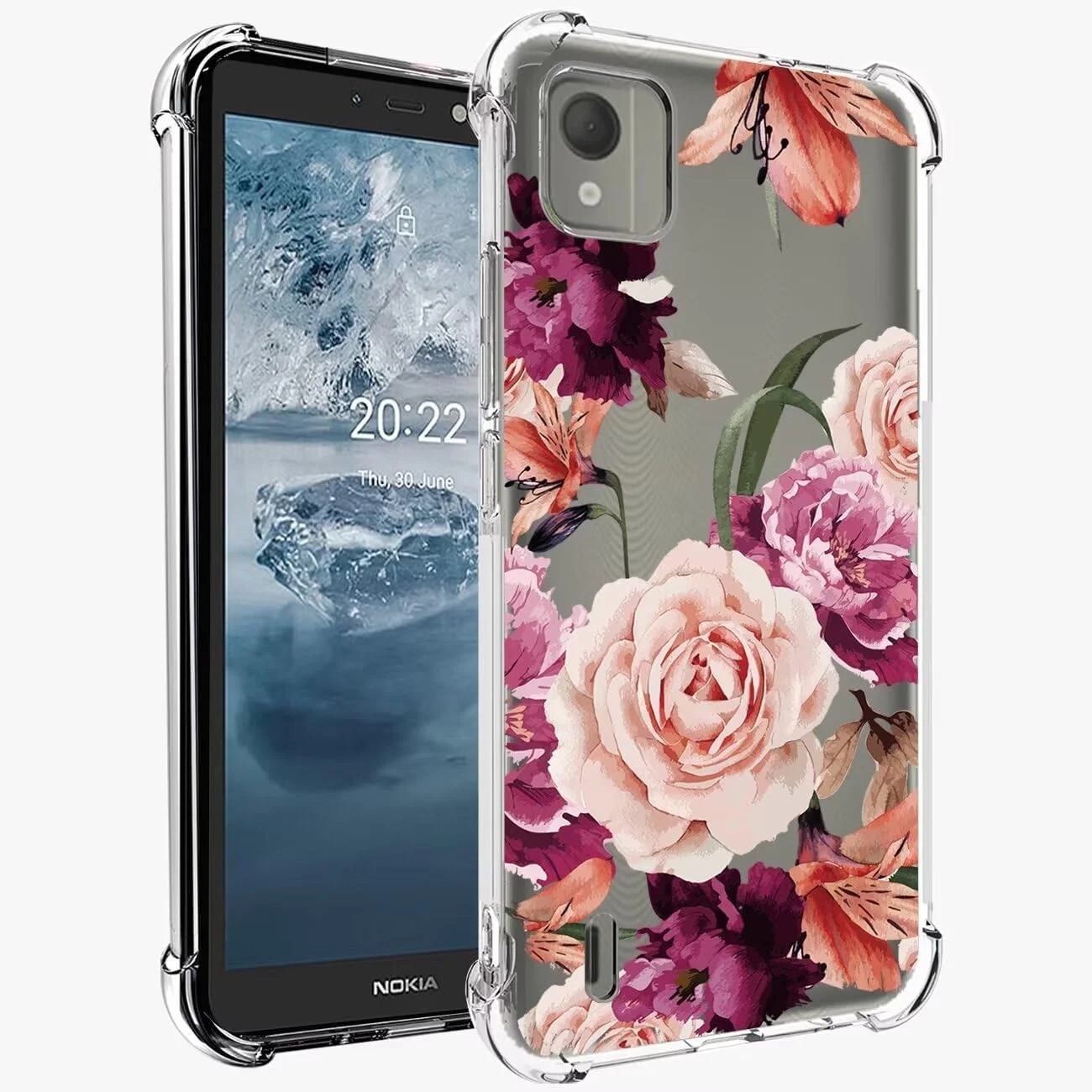 قاب گوشی برای نوکیا C2 ویرایش دوم، نوکیا C2 2022 TA-1468 دخترانه زنانه، طرح گلدار شفاف باریک ضد ضربه پوشش محافظ TPU نرم و انعطاف پذیر برای نوکیا C2 ویرایش دوم گل بنفش