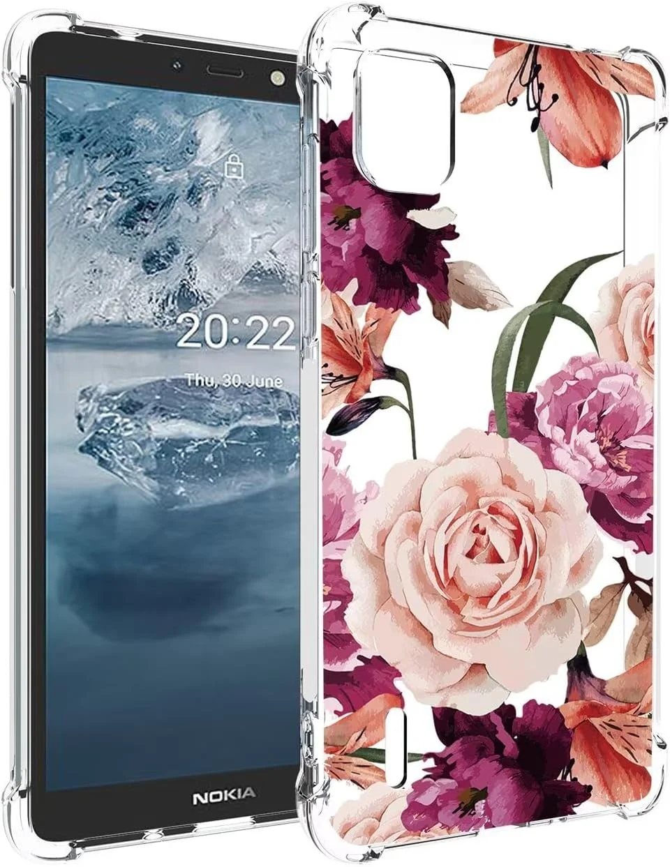قاب گوشی برای نوکیا C2 ویرایش دوم، نوکیا C2 2022 TA-1468 دخترانه زنانه، طرح گلدار شفاف باریک ضد ضربه پوشش محافظ TPU نرم و انعطاف پذیر برای نوکیا C2 ویرایش دوم گل بنفش