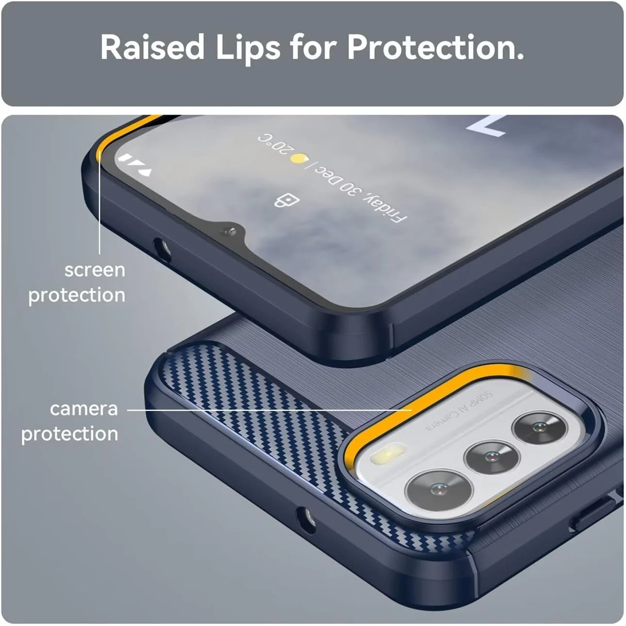 کاور محافظ گوشی موبایل Gufuwo برای نوکیا G60، کاور گوشی موبایل نوکیا G 60 5G TA-1490 TA-1481، کاور محافظ نرم و نازک فیبر کربنی TPU ضد خش و مقاوم در برابر ضربه برای نوکیا G60 5G آبی