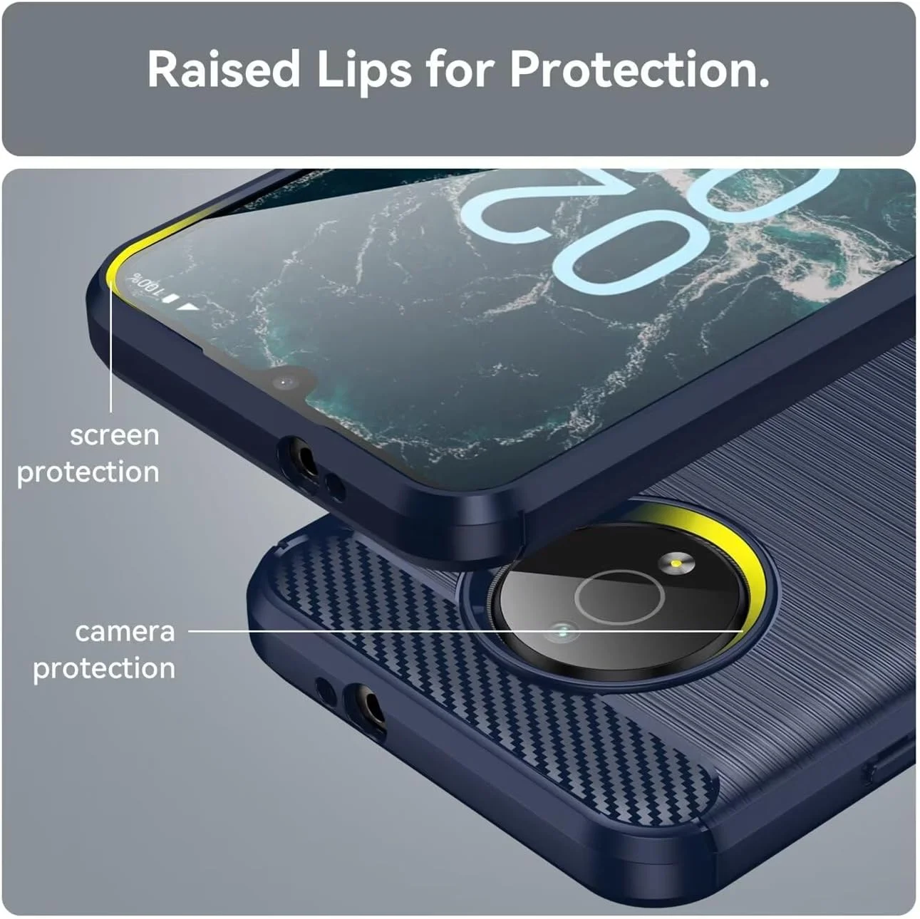 کاور محافظ موبایل مقاوم Gufuwo برای نوکیا C200، کاور باریک و نازک فیبر کربنی TPU نرم ضد خش و ضد ضربه برای نوکیا C200 آبی