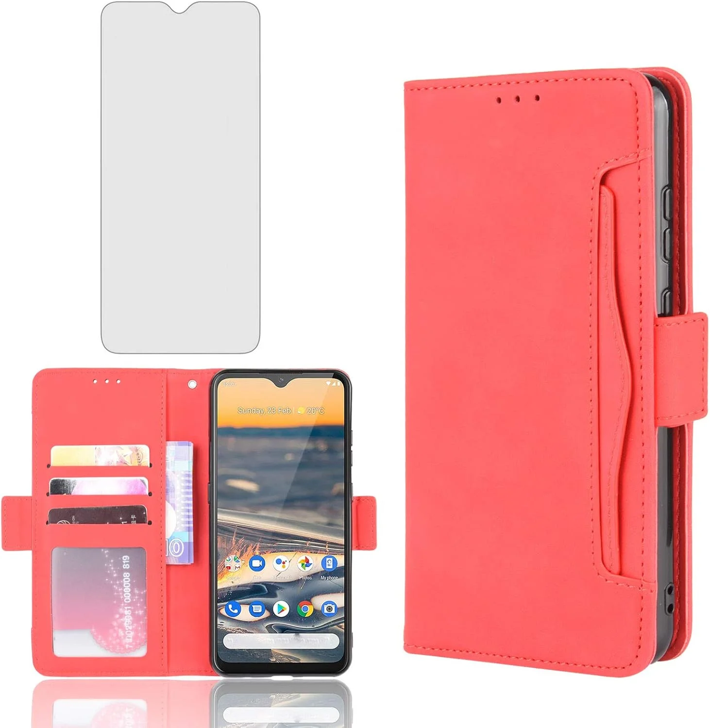کیف پول گوشی نوکیا 5.3 به همراه محافظ صفحه نمایش شیشه ای، دارای جای کارت، استند و محافظ ضد ضربه - قرمز