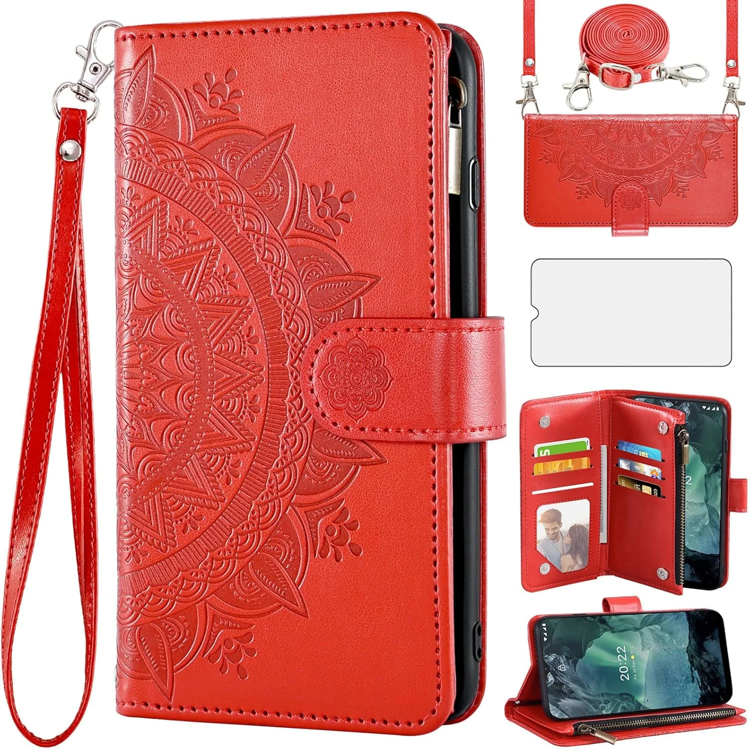 کیف پول گوشی Asuwish برای نوکیا G21/G11 با محافظ صفحه نمایش شیشه ای و جای کارت اعتباری چرمی طرح گل ماندالا، لوازم جانبی موبایل نوکیا G21 نوکیا G11، قرمز (مناسب بانوان و دختران)