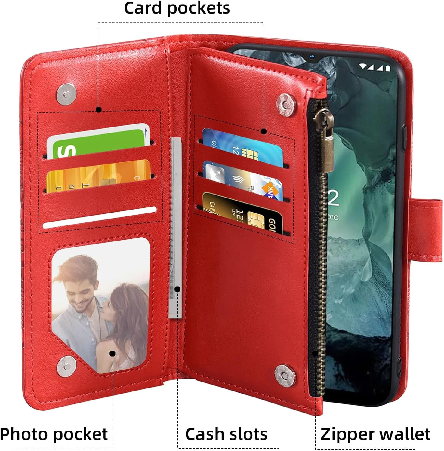 کیف پول گوشی Asuwish برای نوکیا G21/G11 با محافظ صفحه نمایش شیشه ای و جای کارت اعتباری چرمی طرح گل ماندالا، لوازم جانبی موبایل نوکیا G21 نوکیا G11، قرمز (مناسب بانوان و دختران)