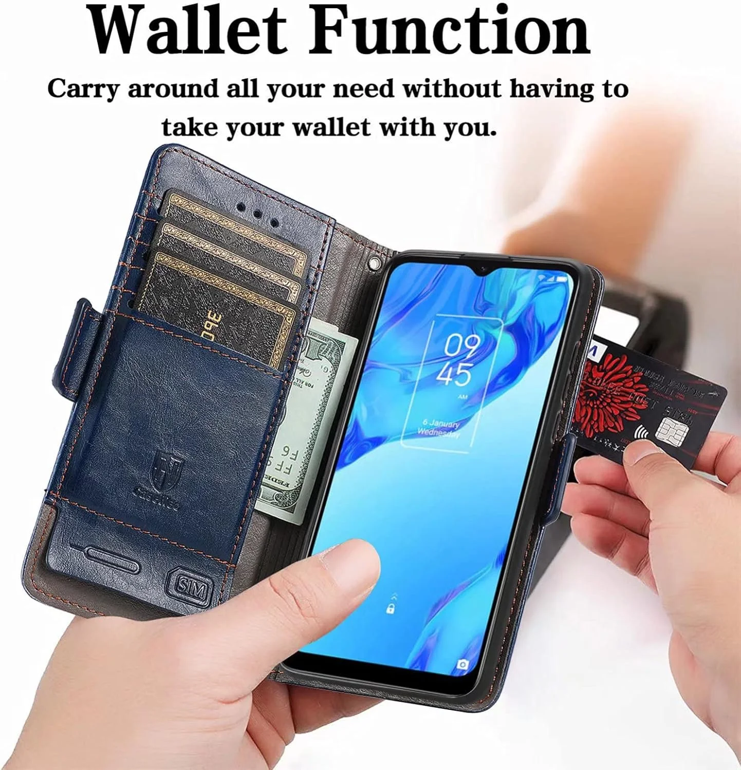 کاور گوشی RanTuo برای نوکیا C22، دارای جای کارت، پایه نگهدارنده، TPU + چرم PU، کاور محافظ تاشو برای نوکیا C22. (آبی)