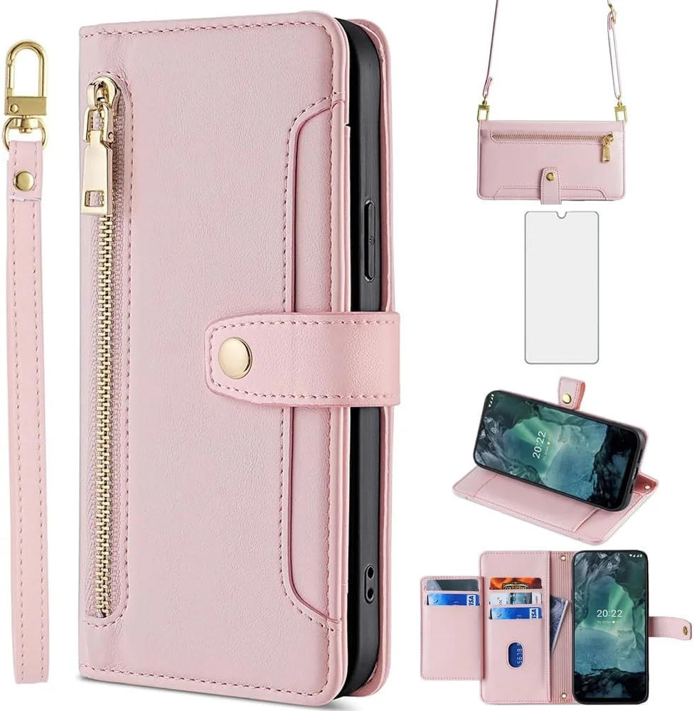 کیف پول گوشی آسویش برای نوکیا G21 / G11 با محافظ صفحه نمایش شیشه ای و جای کارت زیپ دار، پایه مغناطیسی، لوازم جانبی چرمی محافظ G 21 21G 11 11G 2022 زنانه رزگلد