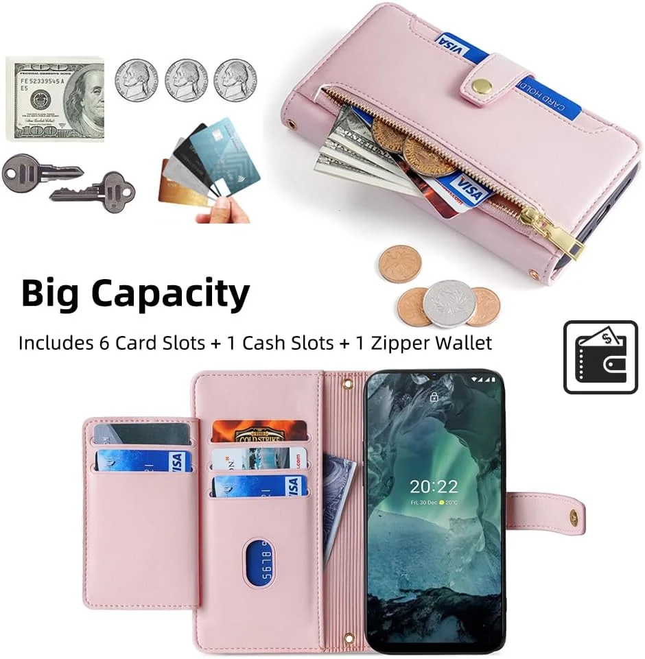 کیف پول گوشی آسویش برای نوکیا G21 / G11 با محافظ صفحه نمایش شیشه ای و جای کارت زیپ دار، پایه مغناطیسی، لوازم جانبی چرمی محافظ G 21 21G 11 11G 2022 زنانه رزگلد