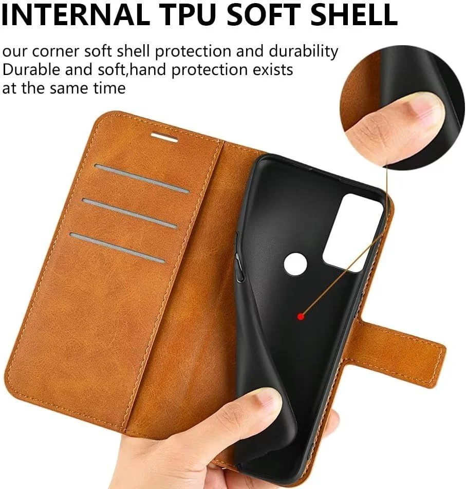 کاور گوشی نوکیا C42، دارای جای کارت، پایه نگهدارنده، TPU + چرم PU، کاور تاشو برای نوکیا C42. (قهوه ای روشن)