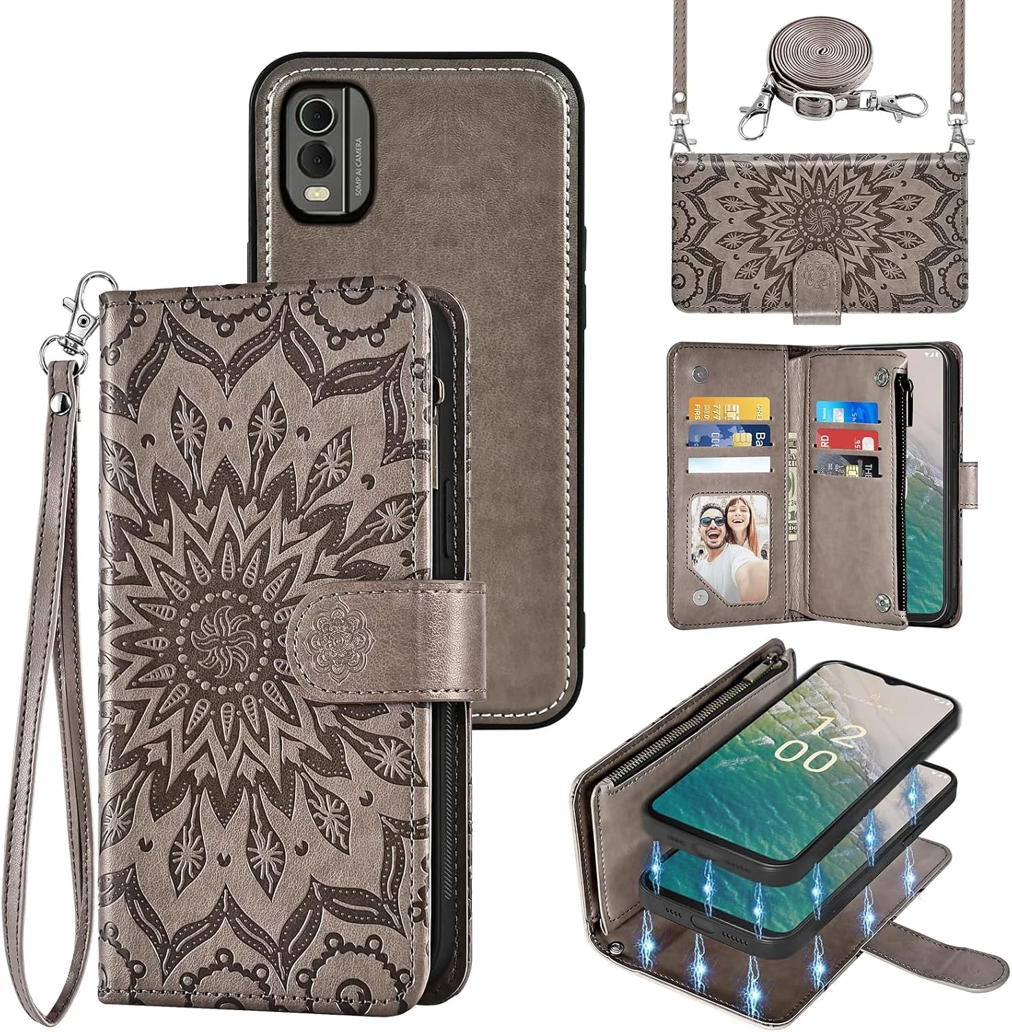 کیف پول زیپی گوشی آسویش مناسب برای نوکیا C32 / نوکیا C32 4G 6.5 اینچ، کاور مغناطیسی جداشدنی با محافظ صفحه نمایش، بند گردنی ضربدری، طرح گل، جای کارت، مناسب برای خانم ها و آقایان - خاکستری
