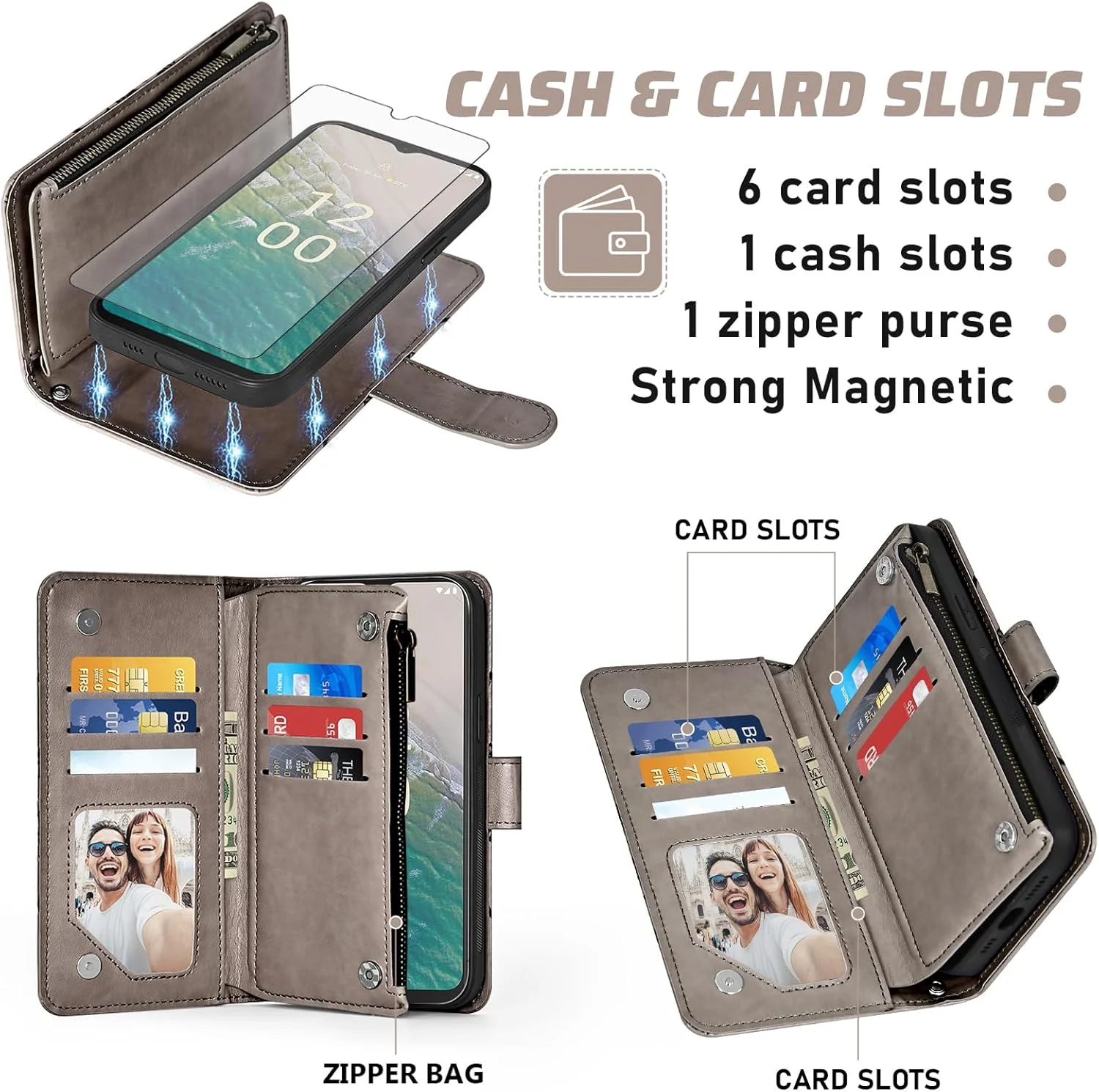 کیف پول زیپی گوشی آسویش مناسب برای نوکیا C32 / نوکیا C32 4G 6.5 اینچ، کاور مغناطیسی جداشدنی با محافظ صفحه نمایش، بند گردنی ضربدری، طرح گل، جای کارت، مناسب برای خانم ها و آقایان - خاکستری