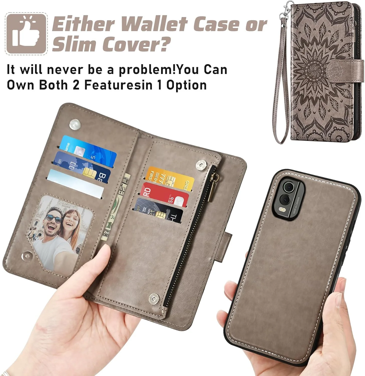 کیف پول زیپی گوشی آسویش مناسب برای نوکیا C32 / نوکیا C32 4G 6.5 اینچ، کاور مغناطیسی جداشدنی با محافظ صفحه نمایش، بند گردنی ضربدری، طرح گل، جای کارت، مناسب برای خانم ها و آقایان - خاکستری