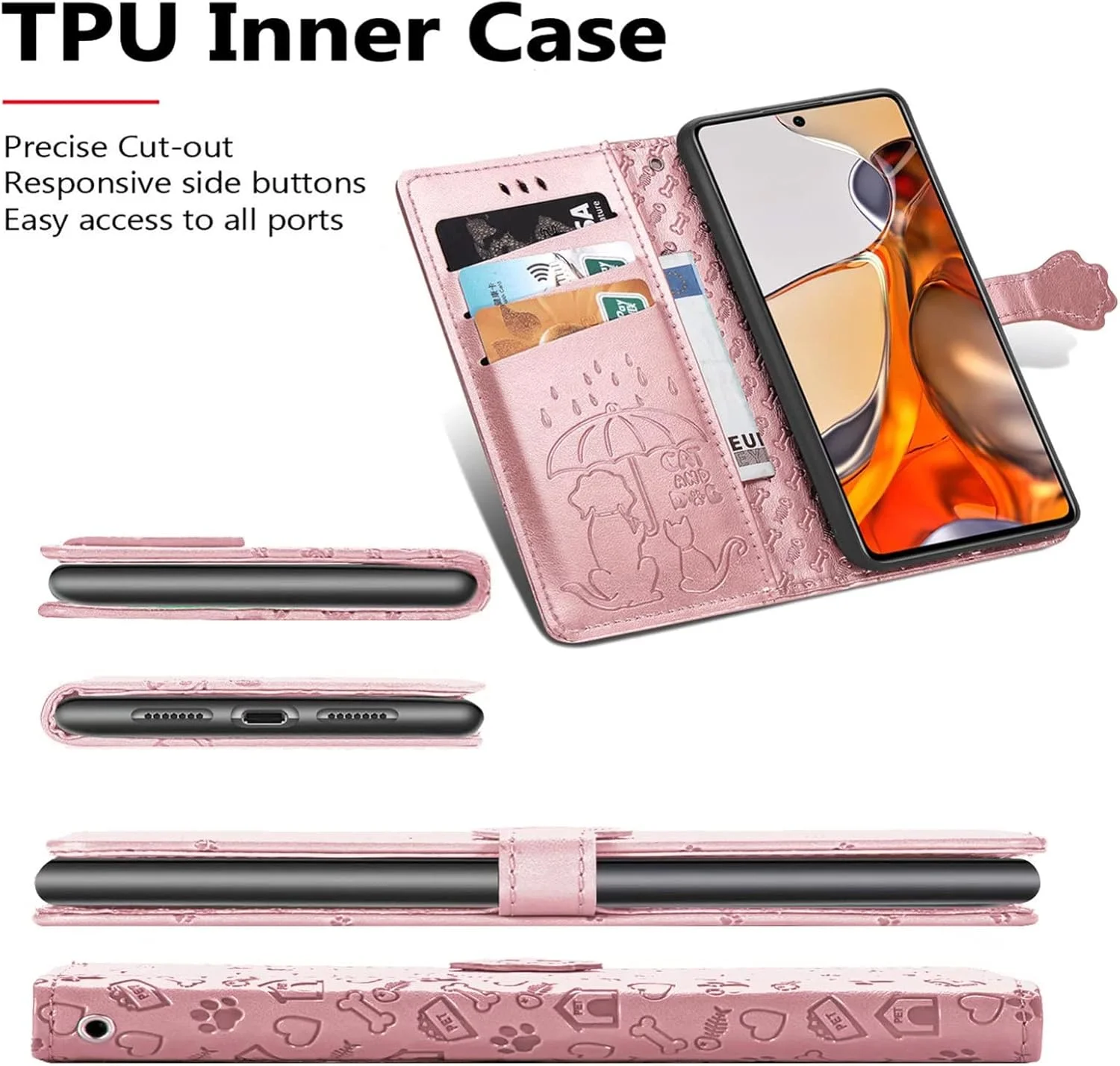 کاور گوشی برای نوکیا G300 5G، دارای جای کارت، پایه نگهدارنده، TPU + چرم PU، کاور محافظ تاشو برای نوکیا G300 5G (رزگلد)