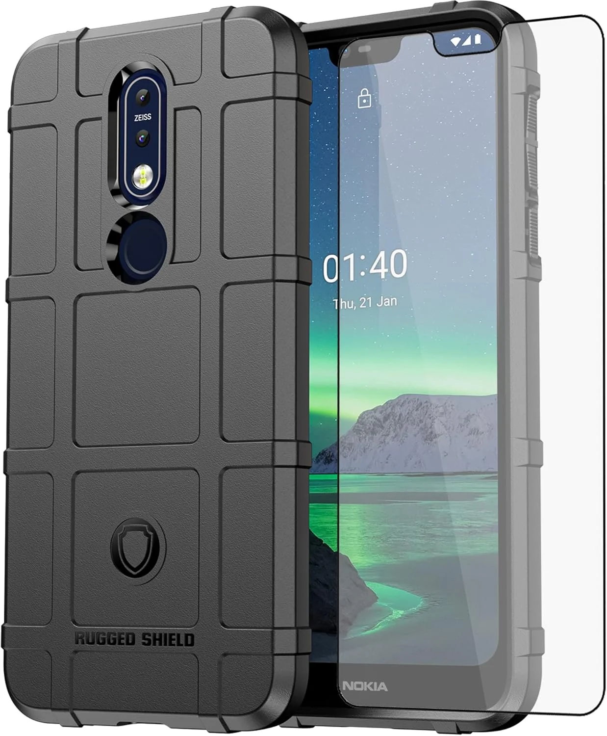 کاور گوشی آسویش برای نوکیا 7.1 به همراه محافظ صفحه نمایش شیشه ای و فیلم نازک و سخت موبایل، محافظ TPU مقاوم، لوازم جانبی محافظ بدنه کامل نوکیا 7.1 TA-1085 مناسب بانوان و آقایان - مشکی