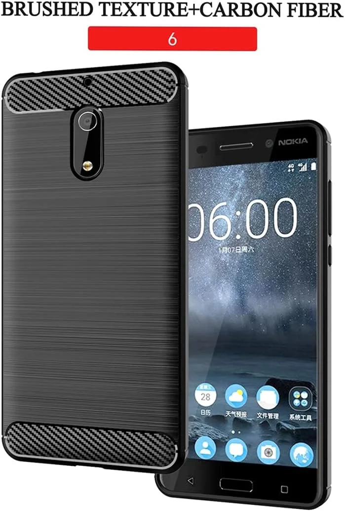 قاب گوشی برای نوکیا 6، قاب نوکیا 6 (2017) TA-1021 TA-1033، فیبر کربنی ضد ضربه، محافظ مقاوم در برابر خراش، پوشش پشتی TPU نرم برای نوکیا 6 (مشکی)