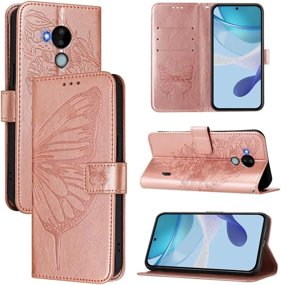 قاب گوشی طرح پروانه برجسته ضد ضربه سازگار با نوکیا C10 C20 C30 C300 نوکیا C30 TA-1357، دارای قفل مغناطیسی و جای کارت (رزگلد، نوکیا C30)