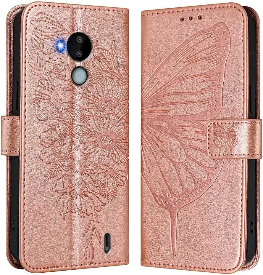 قاب گوشی طرح پروانه برجسته ضد ضربه سازگار با نوکیا C10 C20 C30 C300 نوکیا C30 TA-1357، دارای قفل مغناطیسی و جای کارت (رزگلد، نوکیا C30)