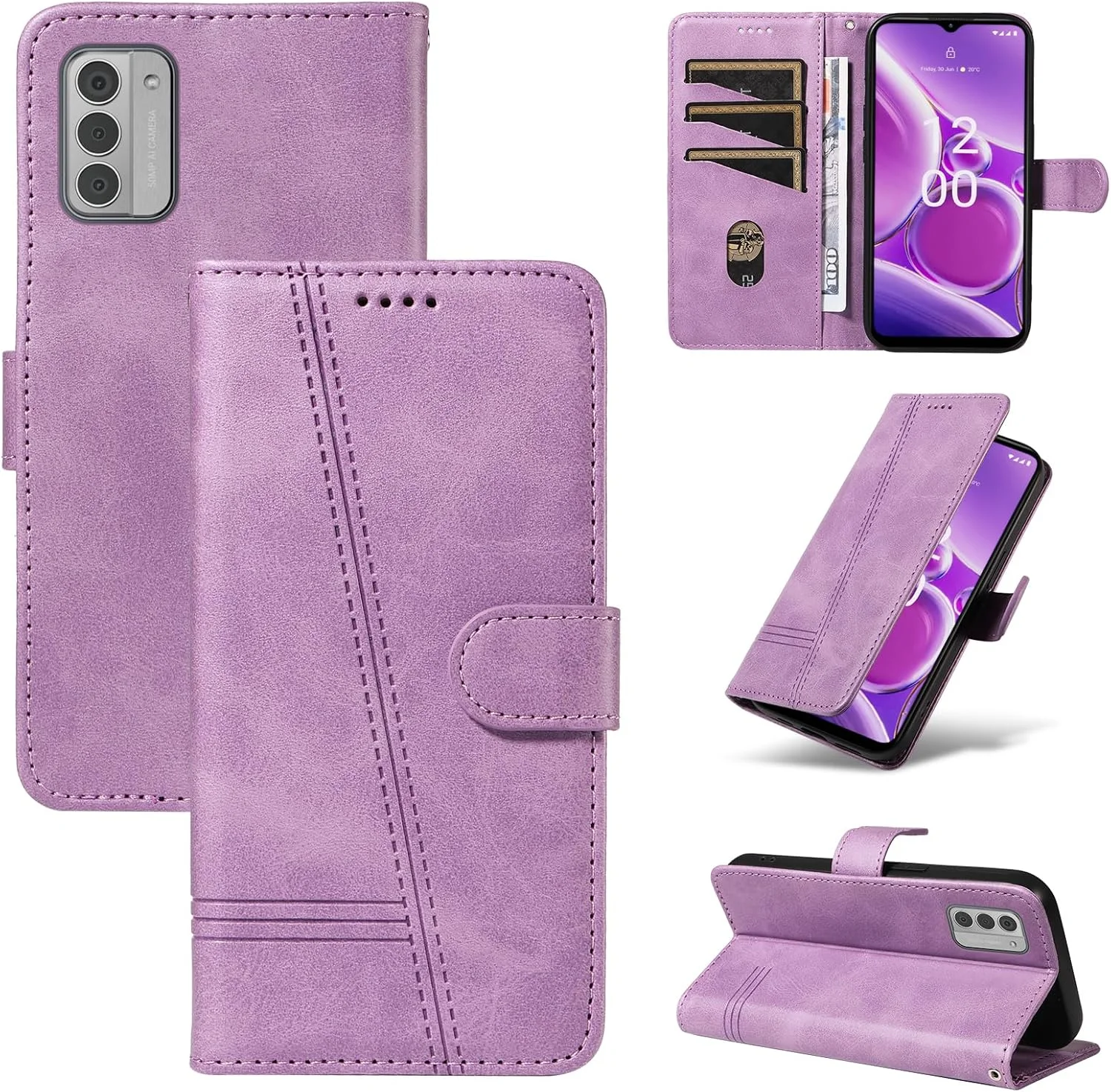 کاور محافظ گوشی نوکیا G42، دارای بند، استند تاشو، جای کارت و قفل مغناطیسی - بنفش