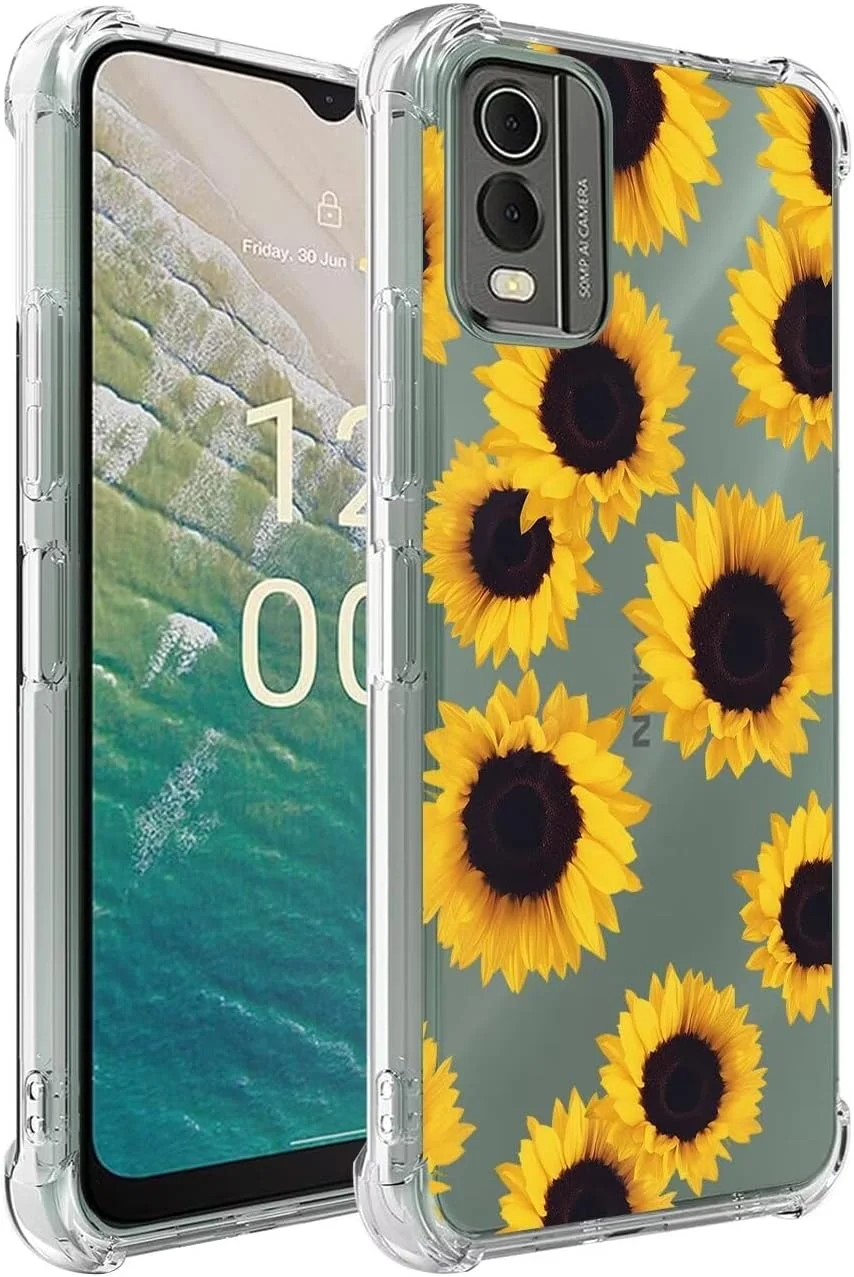 قاب گوشی برای نوکیا C32، قاب محافظ نازک، ضد ضربه، طرح گلدار شفاف، TPU نرم و انعطاف پذیر برای نوکیا C32 طرح آفتابگردان