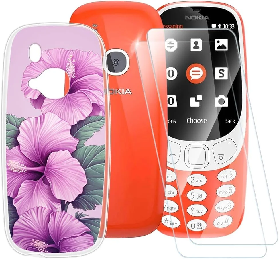 قاب طرح گل های صورتی سازگار با نوکیا 3310 2017 + محافظ صفحه نمایش شیشه ای حرارت دیده [بسته 2 عددی]، کاور ضد ضربه برای نوکیا 3310 2017 (2.4 اینچ)